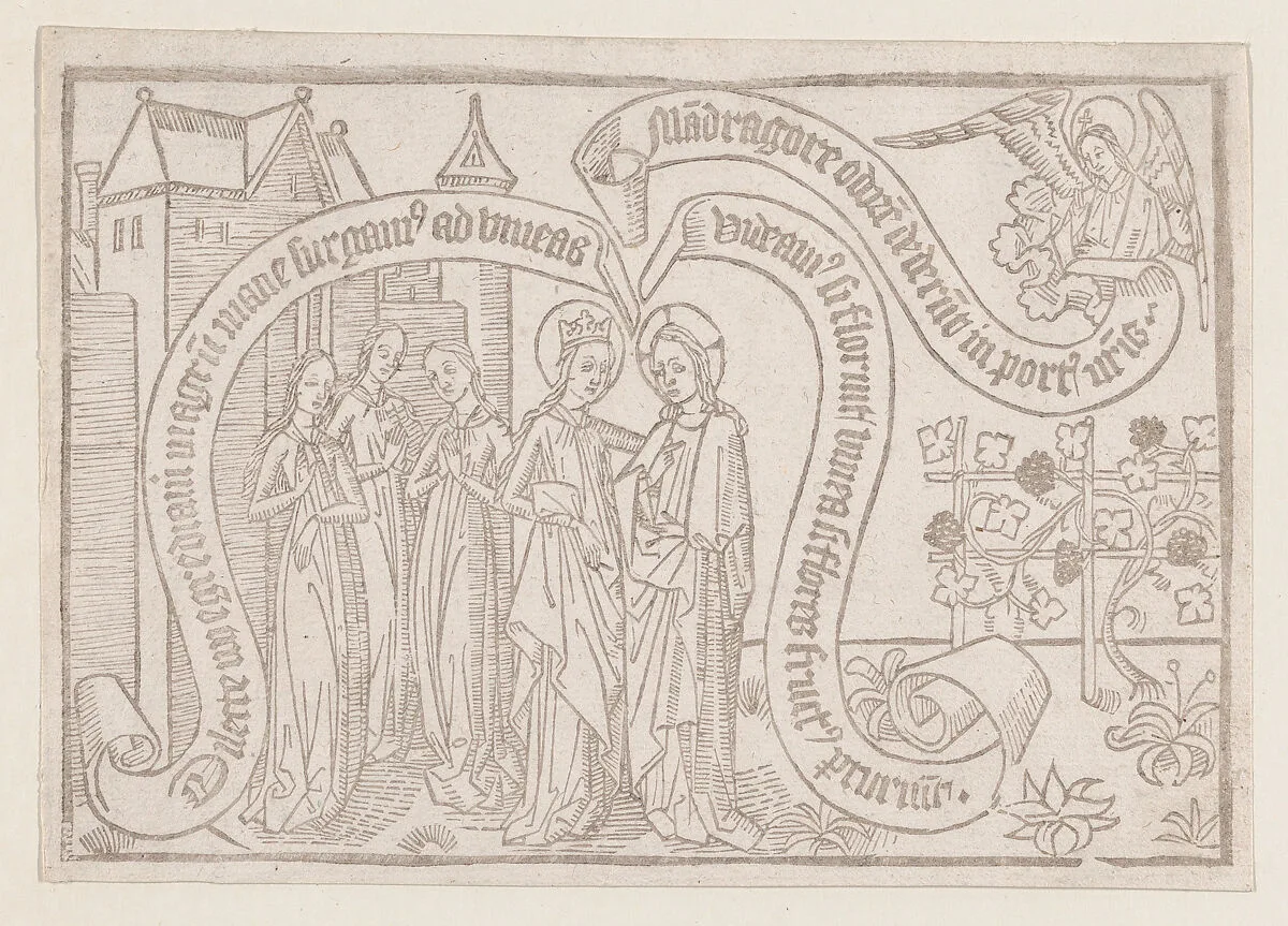 Come My Beloved, Let Us Go Forth Into the Field, illustration from a Canticum Canticorum blockbook, 2nd edition — Anonymous, Netherlandish, 15th century
