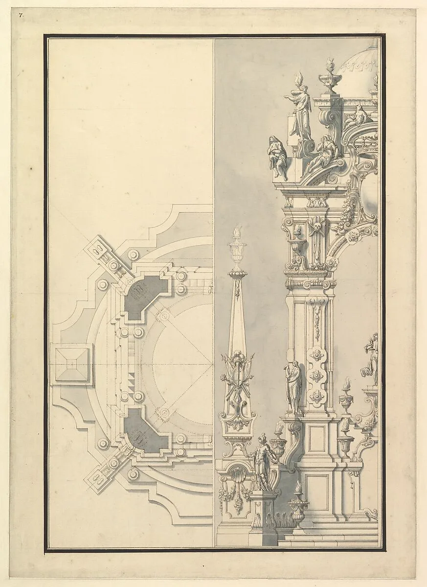 Half Elevation and Half Ground Plan for a Catafalque for an Electress Palatine — Giuseppe Galli Bibiena