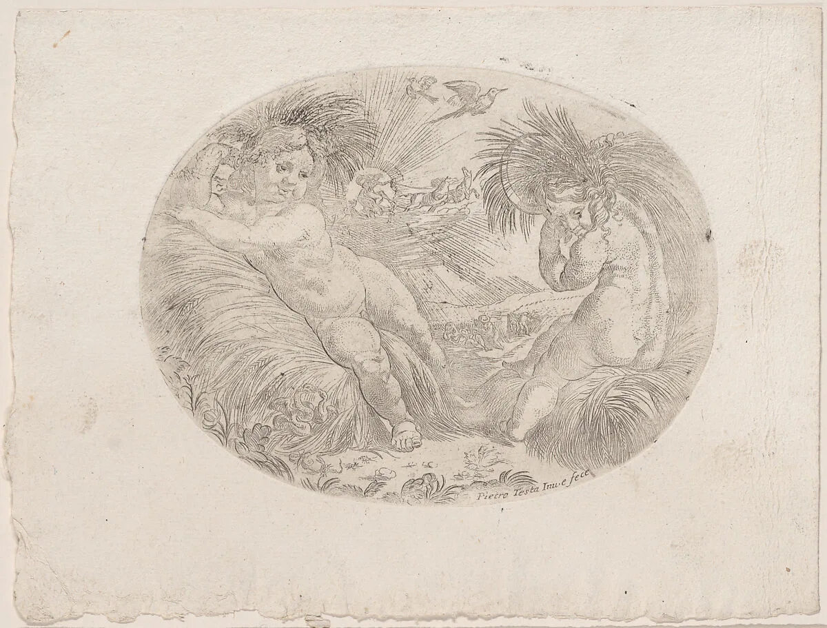 Putto at left reclining on sheaves of wheat, another at right carrying a sheave over his shoulder, an allegory of the seasons (Summer), an oval composition — Anonymous, 17th century|Pietro Testa
