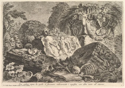 Ancient Altar on which sacrifices were performed in antiquity, surrounded by other ruins (Ara antica sopra la quale si facevano anticamente i sagrifizi, con altre ruine all'intorno), from "Prima Parte di Architettura, e Prospettive"