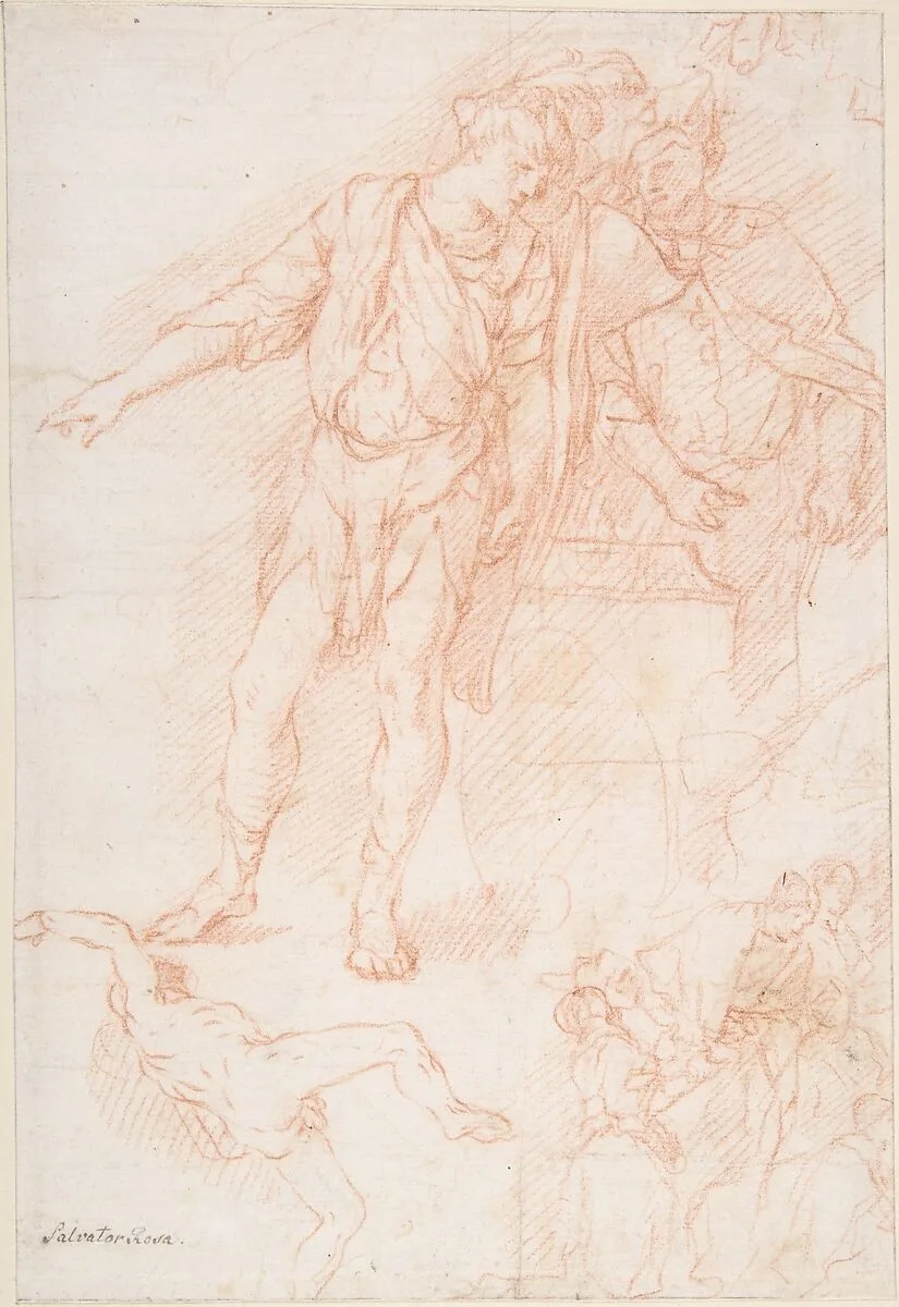 Figure Studies: Men Standing by a Large Vase, a Falling Nude Figure, and Other Figures — Giulio Carpioni