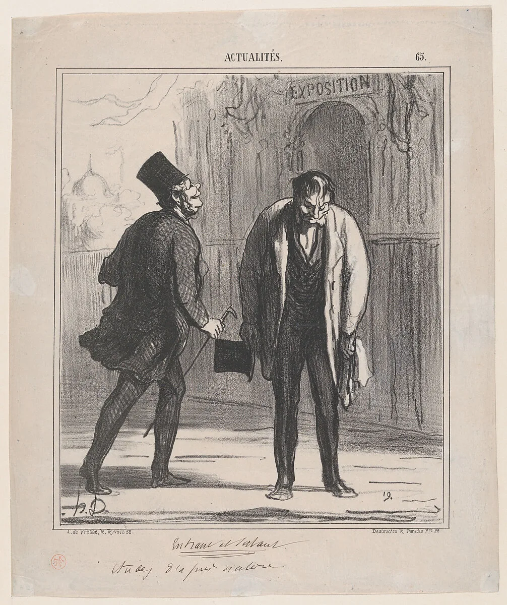 Entering and leaving the exhibition: Studies from life, from 'News of the day,' published in "Le Charivari" — Honoré Daumier|Destouches|Arnaud de Vresse
