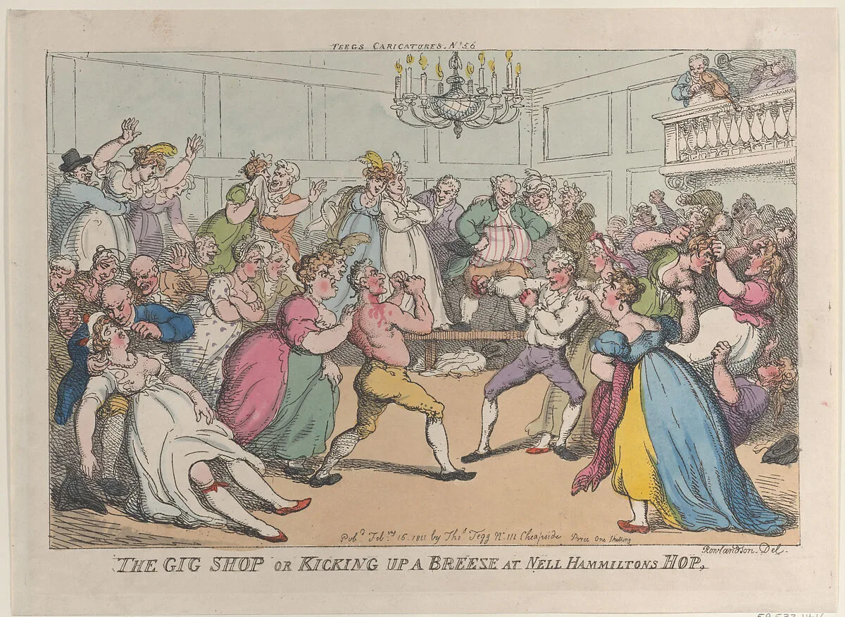 The Gig Shop or Kicking Up a Breeze at Nell Hammiltons Hop — Thomas Tegg|Thomas Rowlandson