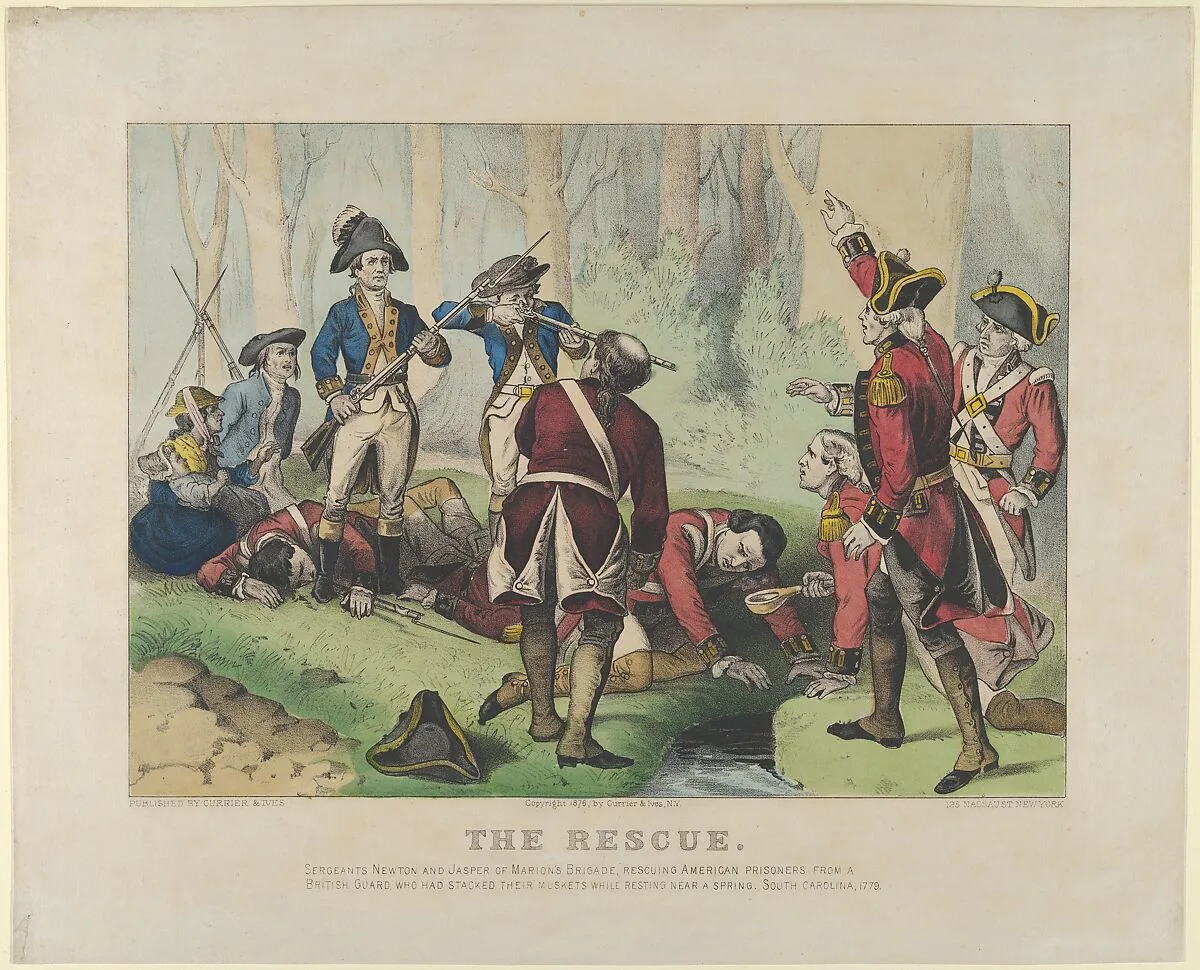 The Rescue–Sergeants Newton and Jasper of Marion's Brigade, rescuing American prisoners from a British guard, who had stacked their muskets while resting near a spring, South Carolina, 1779. — Currier & Ives