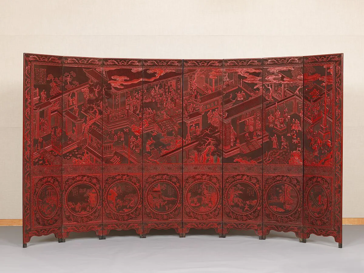 清晚期 盧葵生款 剔紅郭子儀賀壽圖屏風|Folding screen with birthday celebration for General Guo Ziyi — Unknown