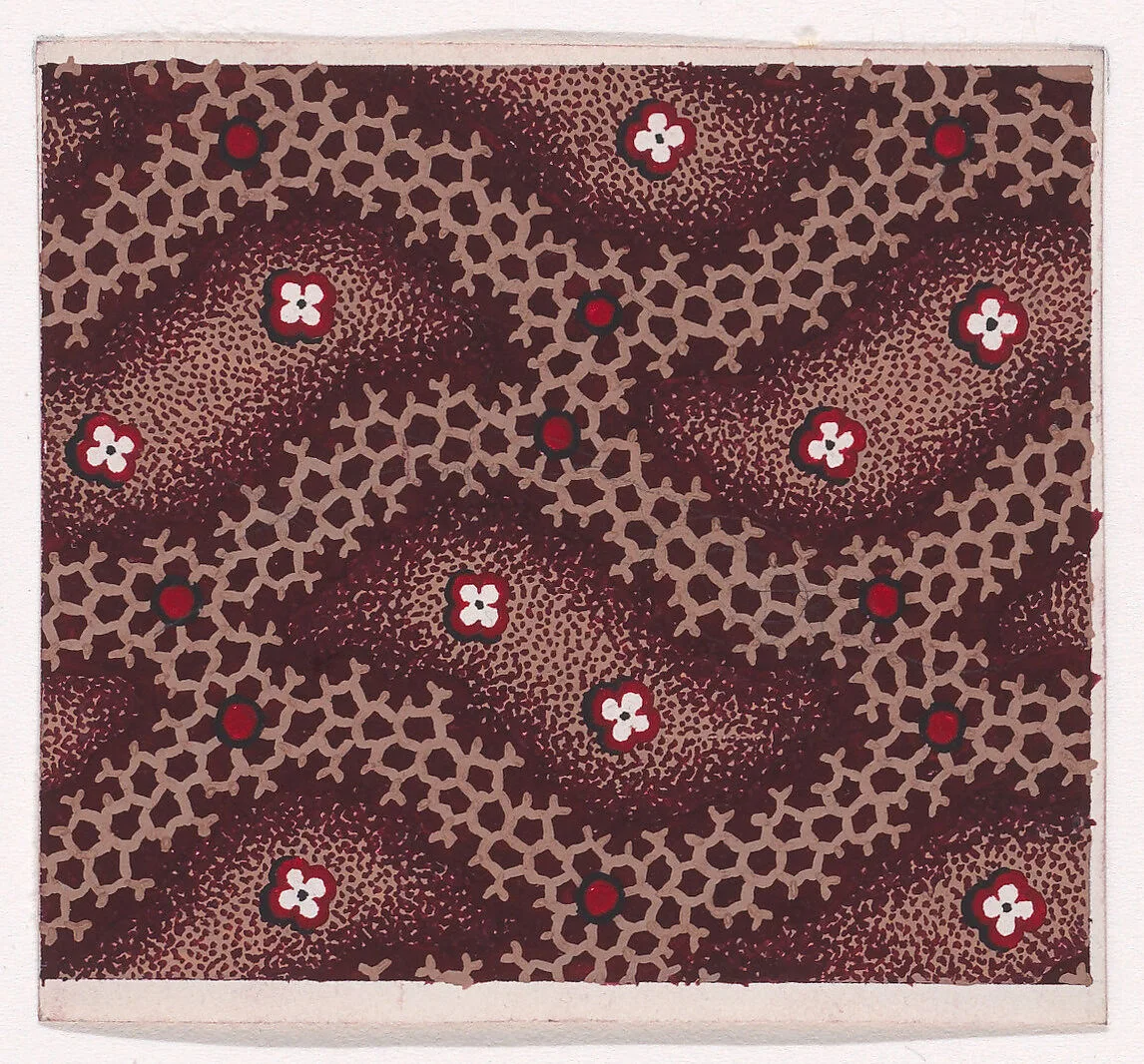 Textile Design with Alternating Stylized Leaves with Rosettes over a Background of a Honeycomb Pattern with Pearls — Anonymous, Alsatian, 19th century