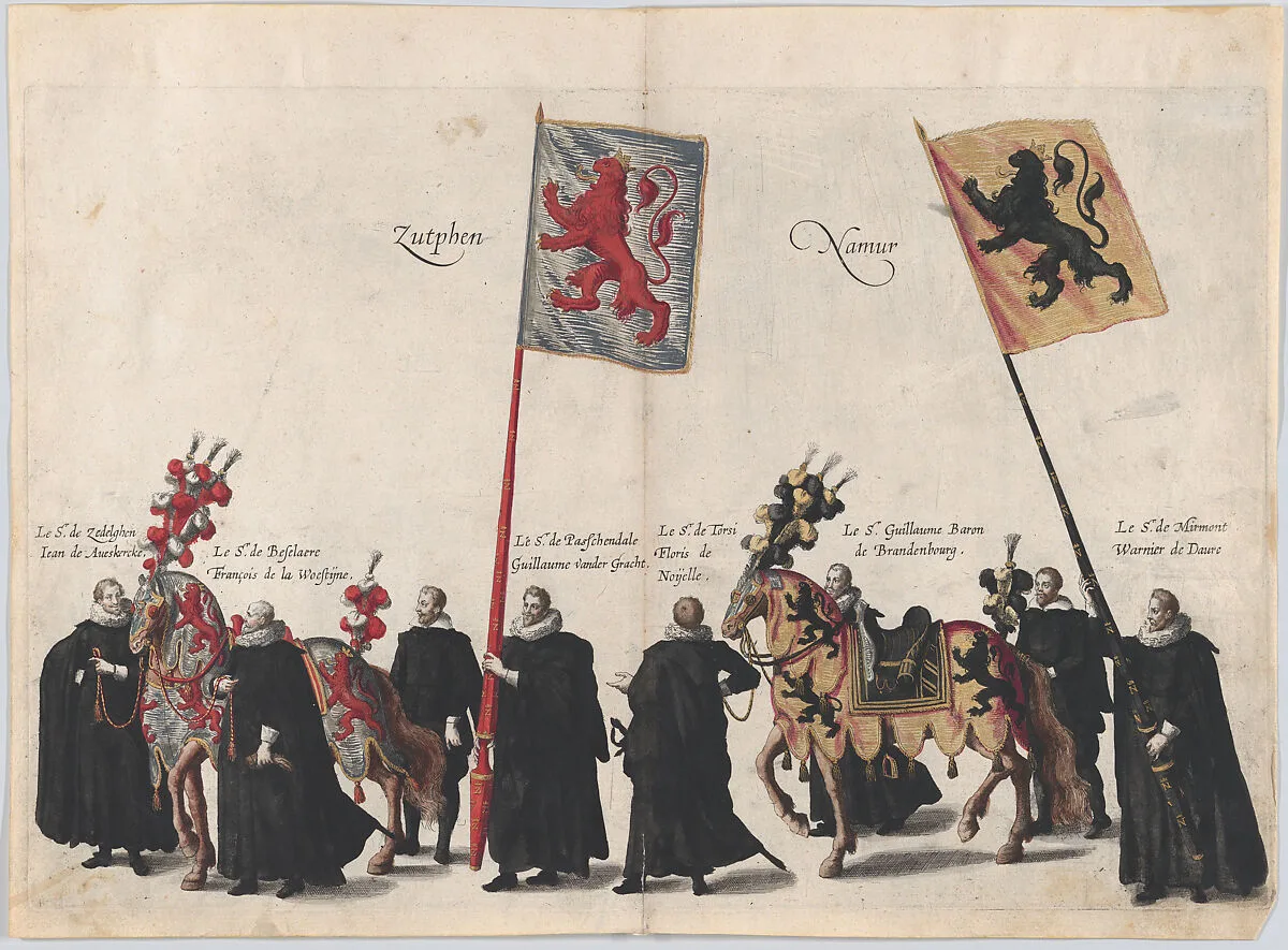 Plate 36: Men with heraldic flags and horses from Zutphen and Namur marching in the funeral procession of Archduke Albert of Austria; from 'Pompa Funebris ... Alberti Pii' — Cornelis Galle I|Jacques Francquart
