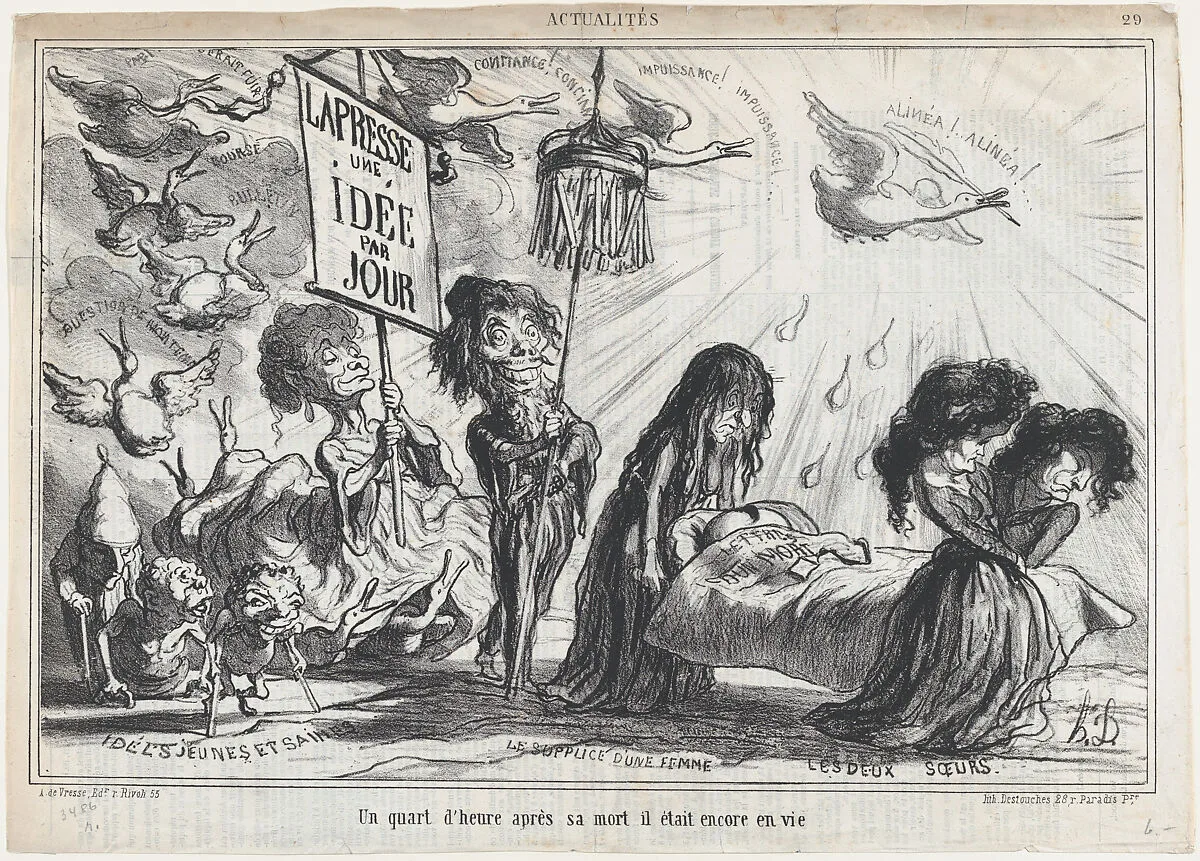 A quarter of an hour after his death, he was still living, from 'News of the day,' published in Le Charivari, February 20, 1866 — Destouches|Honoré Daumier|Arnaud de Vresse