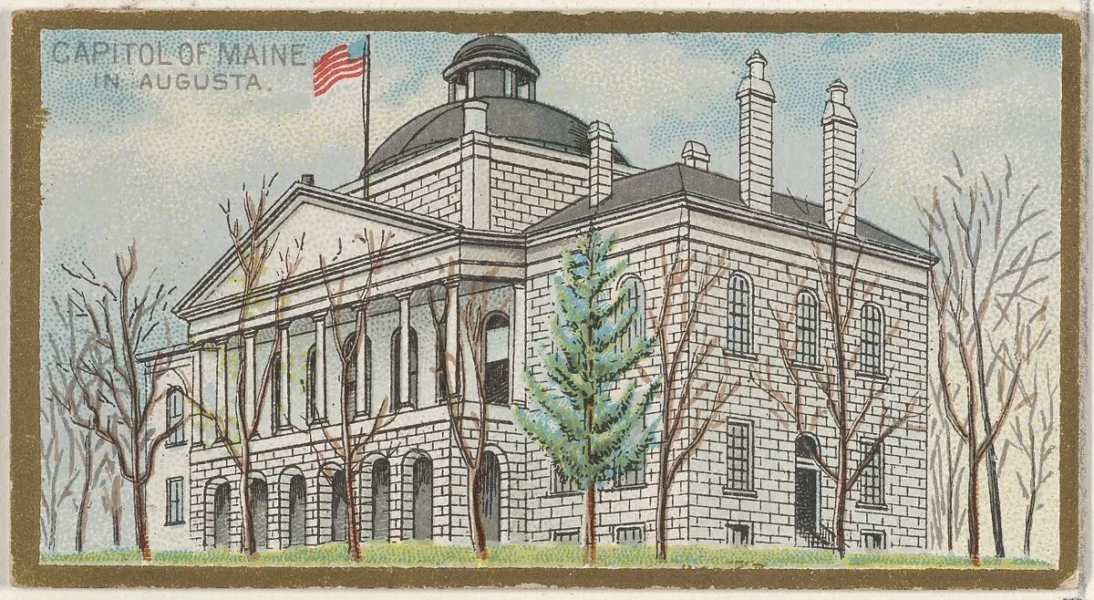 Capitol of Maine in Augusta, from the General Government and State Capitol Buildings series (N14) for Allen & Ginter Cigarettes Brands — Allen & Ginter|The Gast Lithograph & Engraving Company