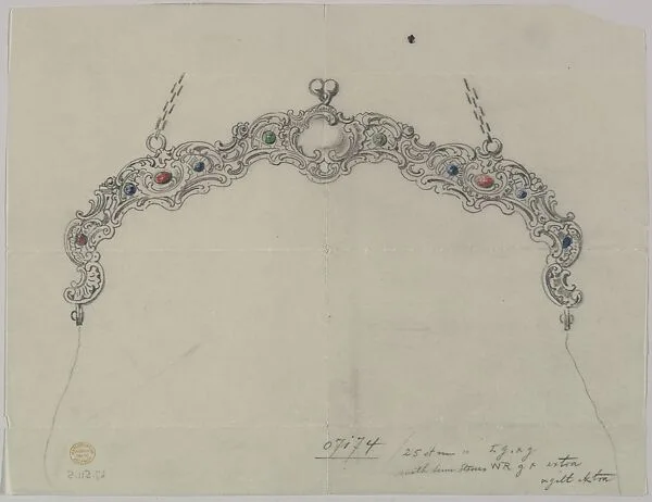 Design for a Silver Clasp for a Purse, adorned with Semi-precious Stones and a Chain — Anonymous, Czech, early 20th century