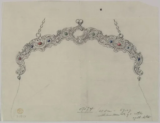Design for a Silver Clasp for a Purse, adorned with Semi-precious Stones and a Chain