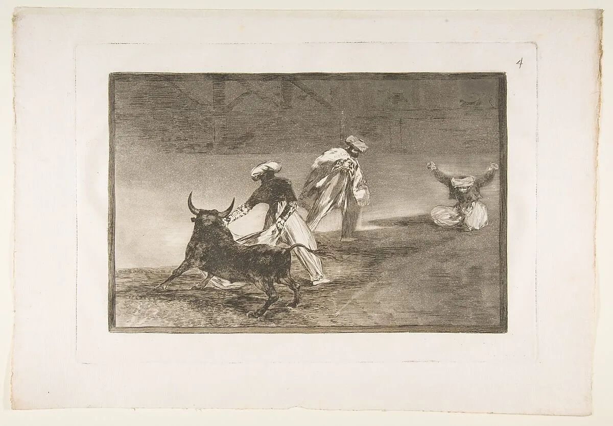 Plate 4 from "La Tauromaquia": They play another with the cape in an enclosure — Goya (Francisco de Goya y Lucientes)
