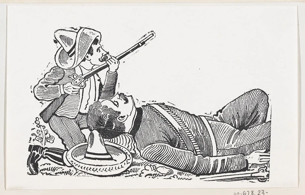 A revolutionary holding a rifle and kneeling to protect a fallen revolutionary — José Sanchez|José Guadalupe Posada