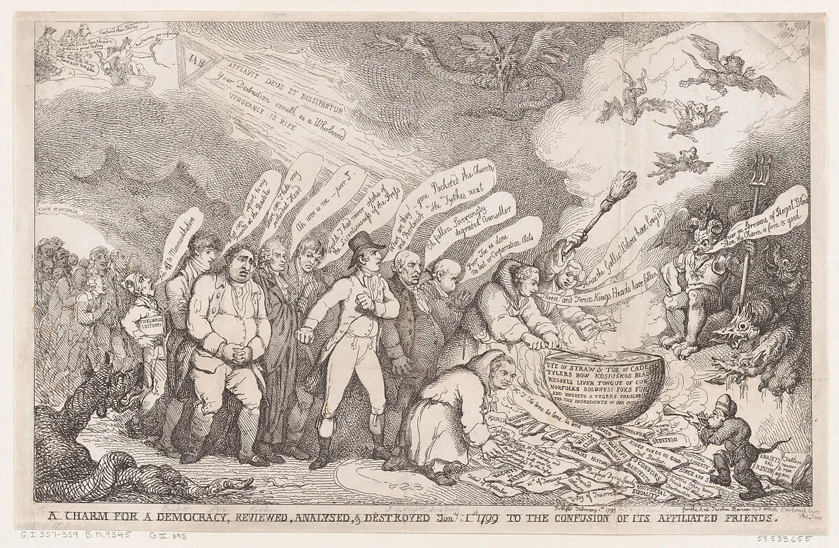 A Charm for a Democracy, Reviewed, Analysed, & Destroyed Jan 1 1799 to the Confusion of its Affiliated Friends — Charles James Fox|George III, King of Great Britain and Ireland|Henri Merke|Rudolph Ackermann, London|William Pitt|Thomas Rowlandson|Maximilien-François-Marie-Isidore de Robespierre