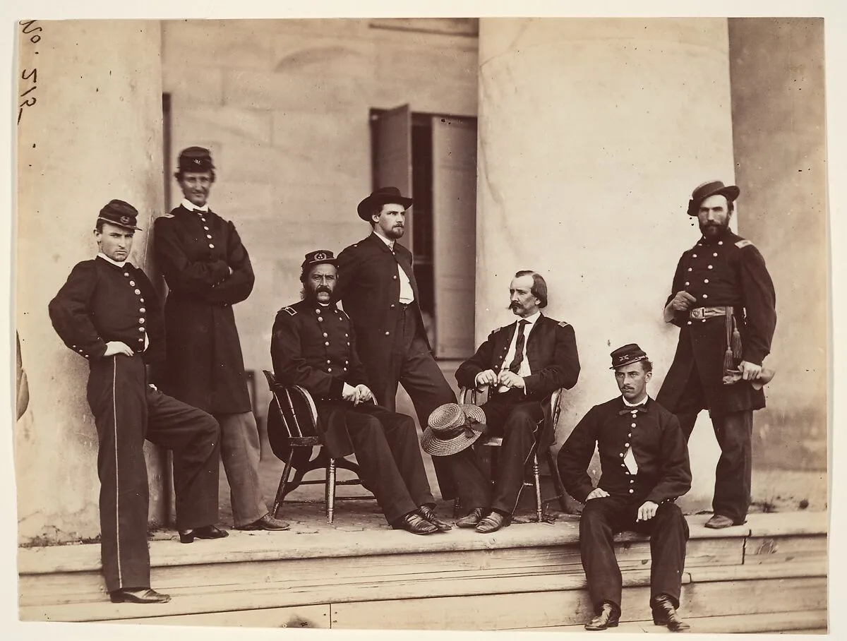 Brigadier General Gustavus A. DeRussy and Staff on Steps of Arlington House, Arlington, Virginia — Alexander Gardner