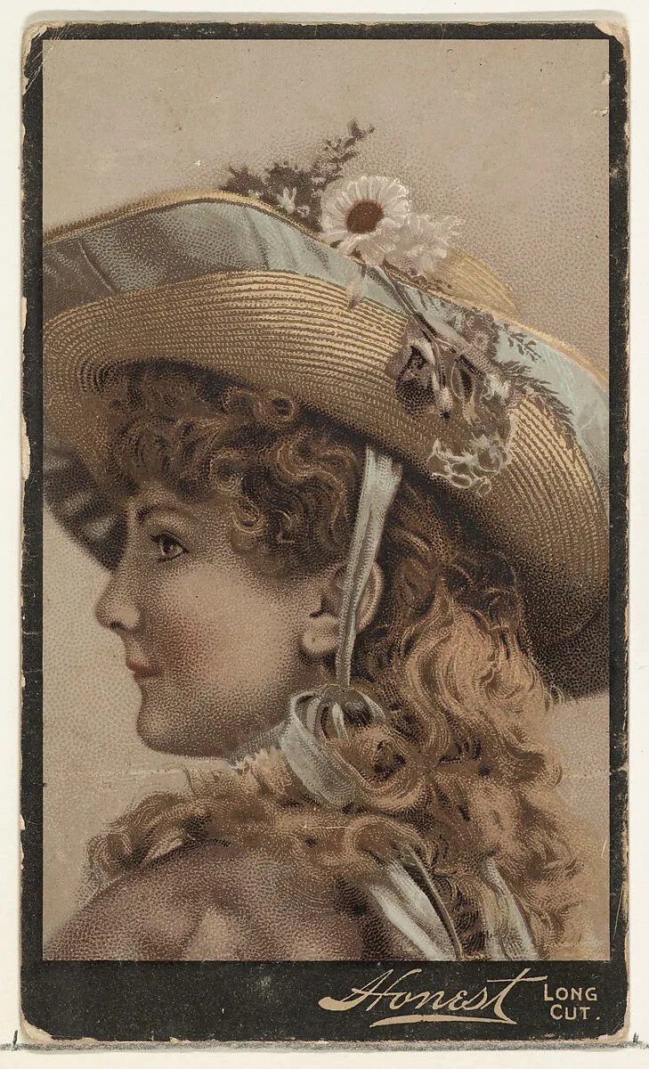 Actress in profile wearing wide brimmed straw hat decorated with flowers, from Stars of the Stage, Third Series (N131) issued by Duke Sons & Co. to promote Honest Long Cut Tobacco — W. Duke, Sons & Co.|American Tobacco Company|Joseph P. Knapp