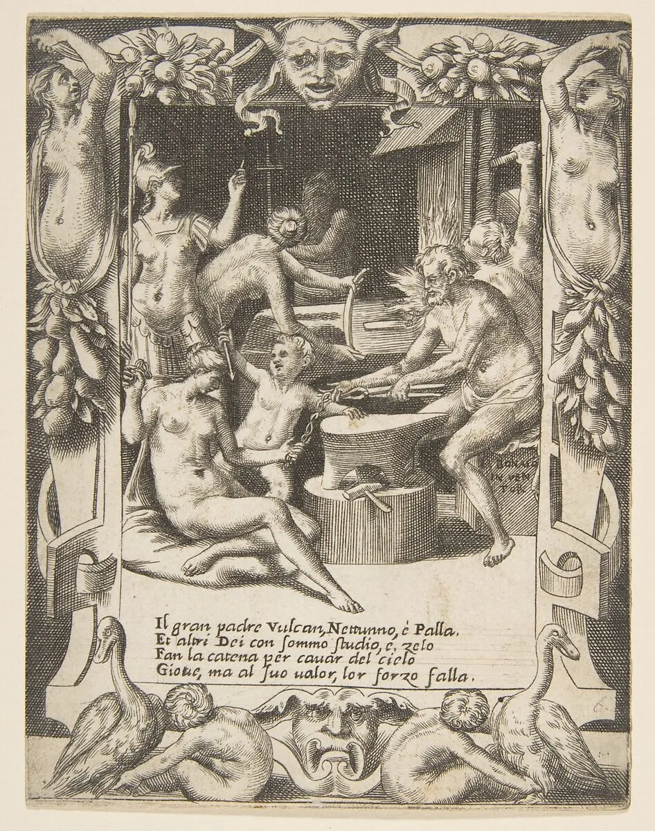 Vulcan, Neptune, Athena and other Gods making Shackles to pull Jupiter from the Heavens, set within an elaborate frame, from "Loves, Rages and Jealousies of Juno" — Giulio Bonasone