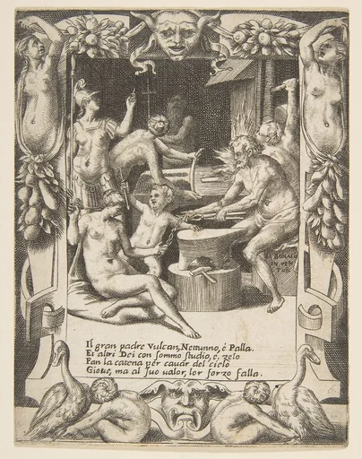 Vulcan, Neptune, Athena and other Gods making Shackles to pull Jupiter from the Heavens, set within an elaborate frame, from "Loves, Rages and Jealousies of Juno"