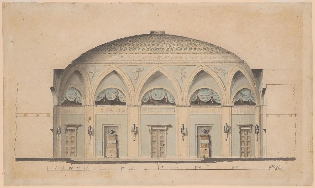 Cross-Section of a Domed Room with Urns and Candelabra — Anonymous, Swedish, 19th century
