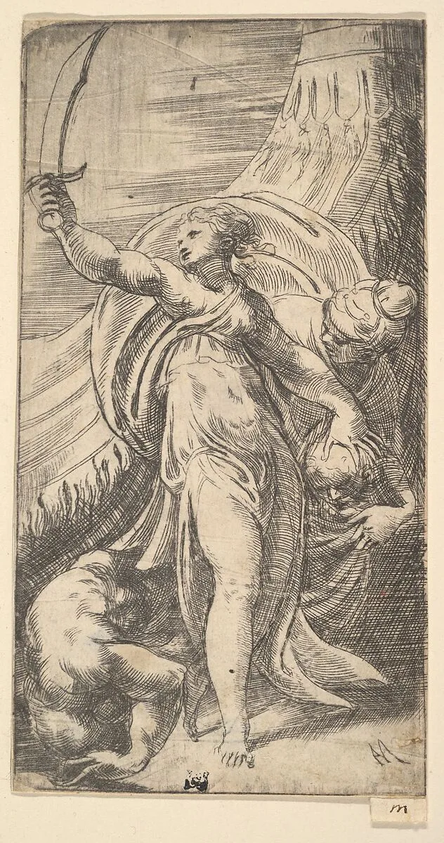 Judith her sword raised in her right hand, placing the head of Holofernes in the sack with her left — Andrea Schiavone (Andrea Meldola)