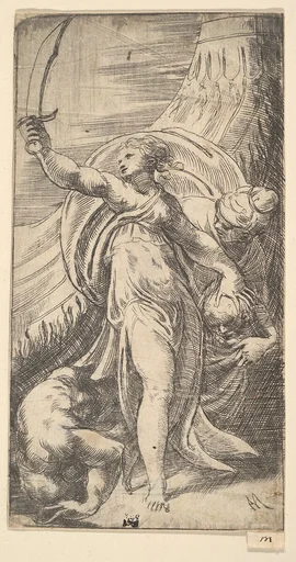 Judith her sword raised in her right hand, placing the head of Holofernes in the sack with her left