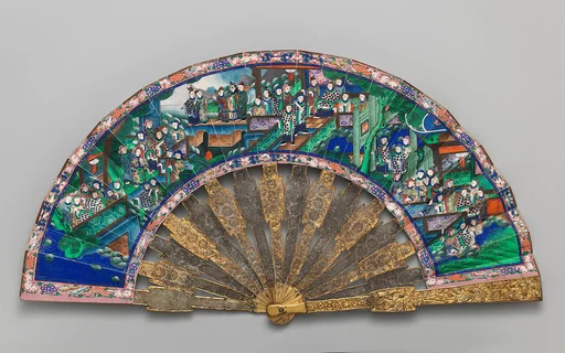Folding Fan with Scene of Figures in a Courtyard Garden