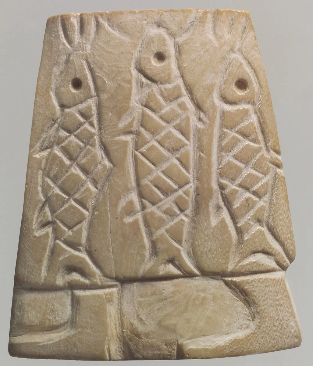 Inlay: skirt-clad figure carrying fish — Unknown