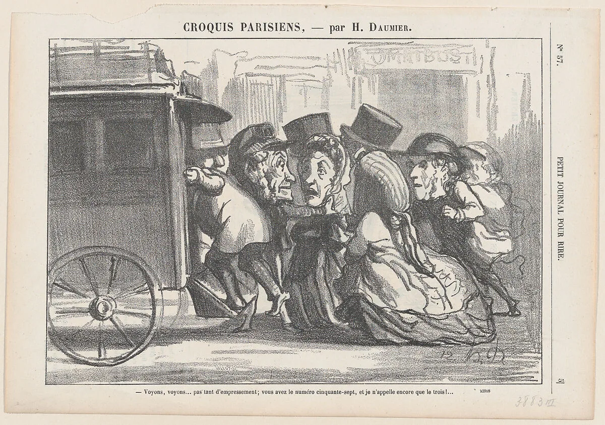 Stop pushing please... you have the number 57 and I just called number 3!, from 'Parisian sketches,' published in Le Petit Journal pour Rire, February 4, 1865 — Honoré Daumier