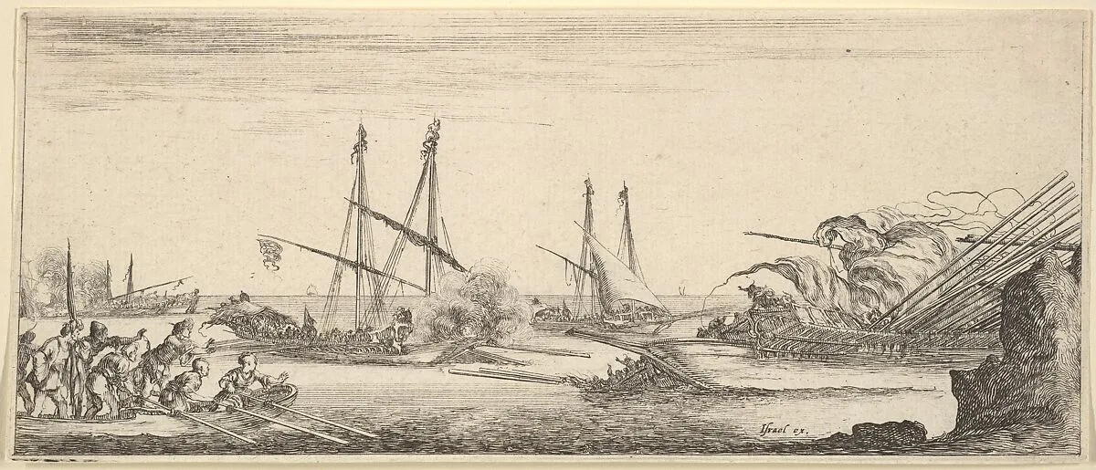 A naval battle, a rowboat full of men to left, a sinking ship to right, two galleys battling in center, other ships battle to left in the background, from 'Various landscapes' (Divers paysages) — Stefano della Bella|Israël Henriet