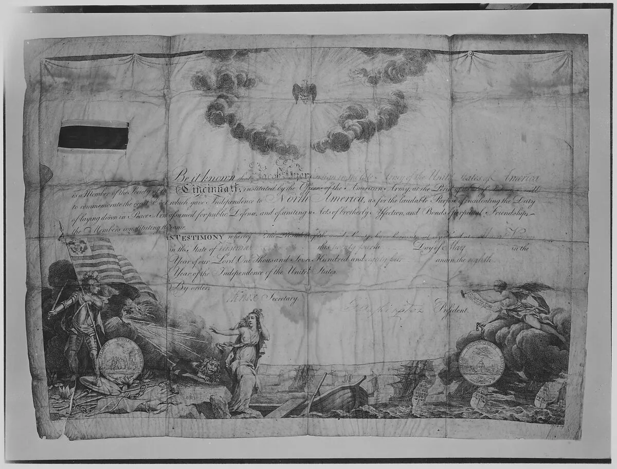 Certificate of Membership in the Society of Cincinnati — Augustin Louis Belle|George Washington|Jean Jacques Le Veau|Pierre Charles L'Enfant