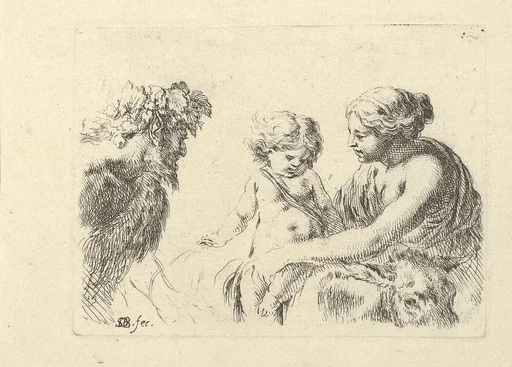 Plate 6: a woman at right holding her child who is sitting atop a donkey, a satyr at left looking towards the right, from 'Various figures and doodles' (Diverses figures et griffonnemens