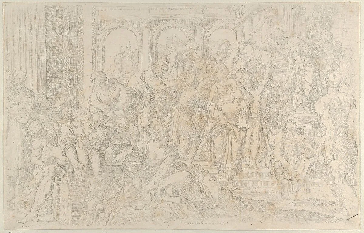 Saint Roch at right distributing alms to a group of people gathered around him, after Annibale Caracci — Pietro Stefanoni|Annibale Carracci|Francesco Brizio