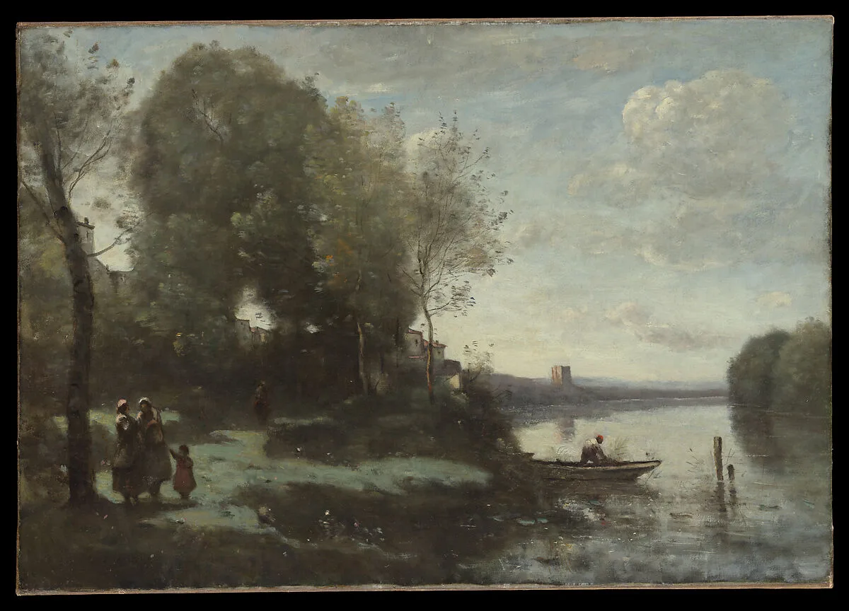 River with a Distant Tower — Camille Corot