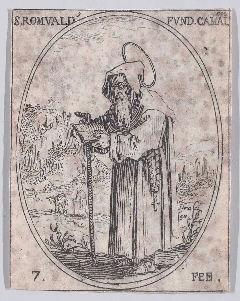 S. Romuald, Fondateur des Camaldules (St. Romuald, Founder of the Camaldolese Order), February 7th, from "Les Images De Tous Les Saincts et Saintes de L'Année" (Images of All of the Saints and Feast Days of the Year) — Jacques Callot|Israël Henriet