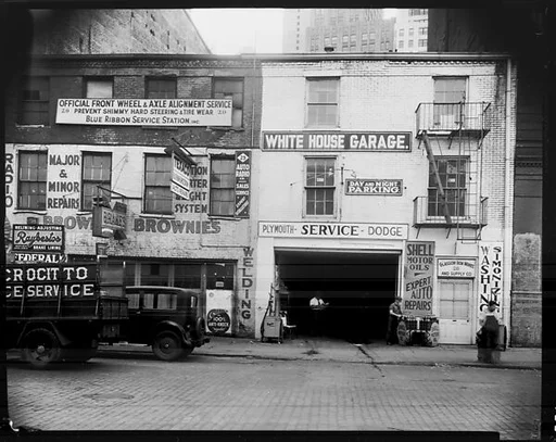 [Brownie's and White House Garage Shopfronts, Waterfront Area?, New York City]