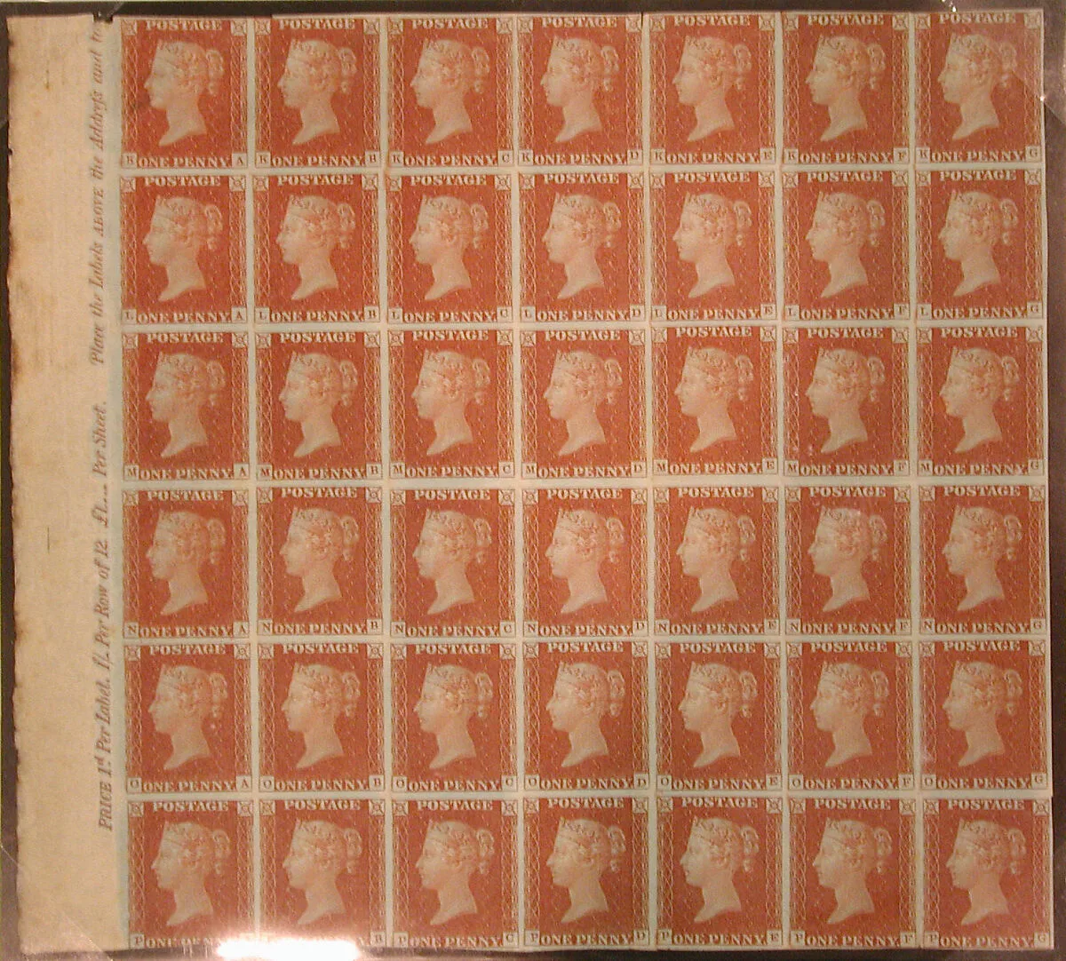 Unused block of forty-two "Penny Red-Brown" postage stamps of Queen Victoria — William Wyon