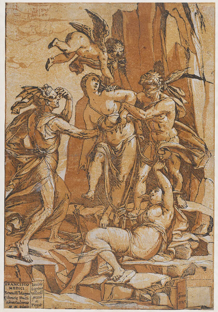 Virtue as a young woman in the centre of four figures representing love, error, ignorance and opinion — Andrea Andreani|Jacopo Ligozzi