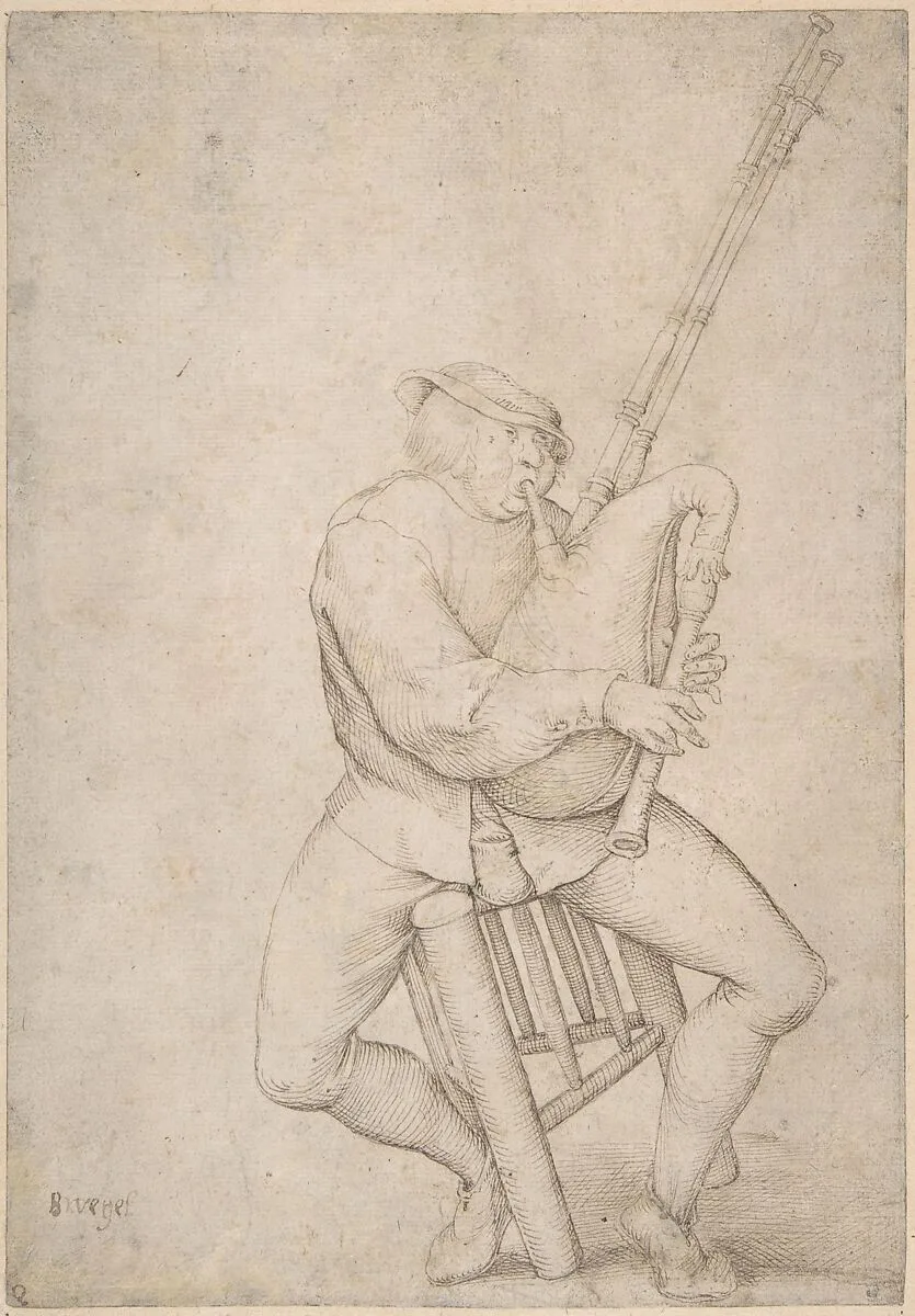 Seated Man, Precariously Balanced, Playing Bagpipes — Pieter Bruegel the Elder|Anonymous, Netherlandish, 16th century