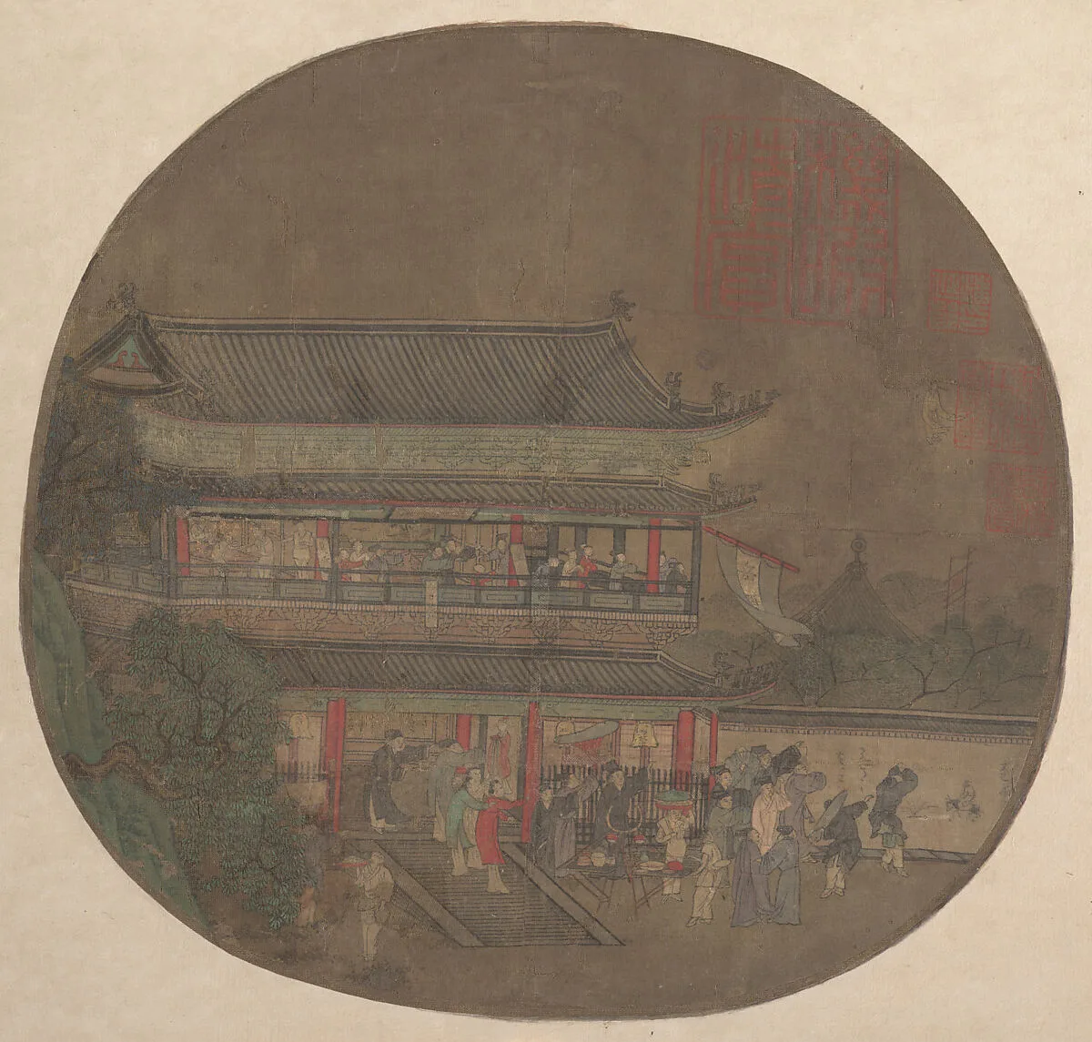 南宋/元 佚名 呂洞賓過岳陽樓圖 扇|The Immortal Lü Dongbin Appearing over the Yueyang Pavilion — Unidentified artist