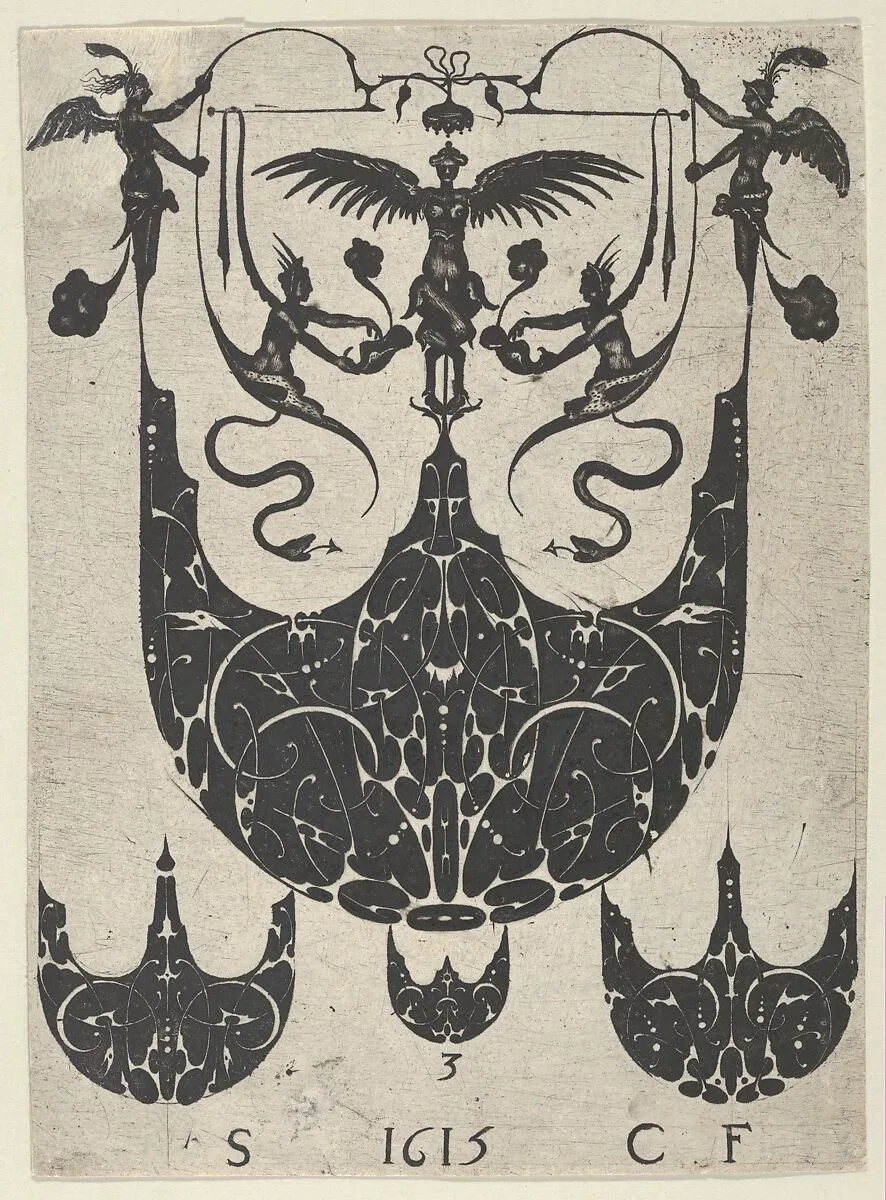 Blackwork Print with a Bezel Supporting Grotesques Above Three Smaller Bezels, from a Series of Blackwork Prints for Goldsmiths' Work — Etienne Carteron