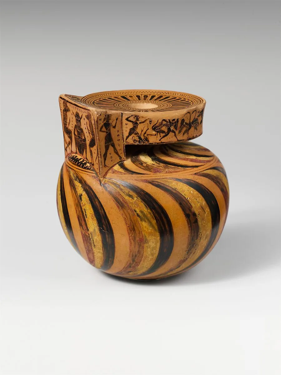 Terracotta aryballos (oil flask) — Nearchos