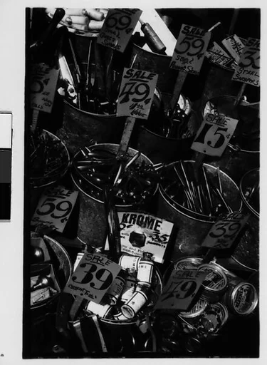[Three 35mm Film Frames: Hardware Store Display of Tools in Buckets and Hanging Shears, Brooklyn, New York]