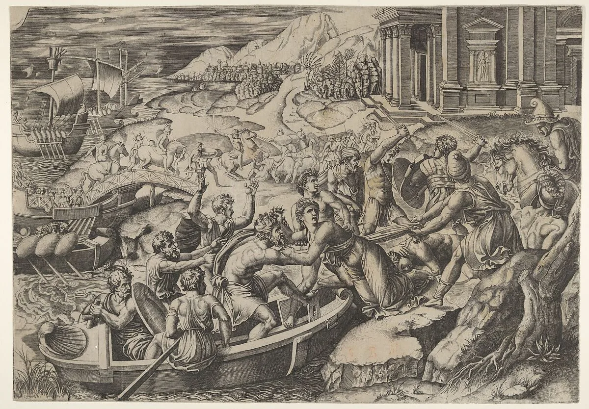The abduction of Helen; battle scene on a shore with two men pulling Helen into a boat at center and another man pulling on her drapery in the opposite direction — Raphael (Raffaello Sanzio or Santi)|Marcantonio Raimondi