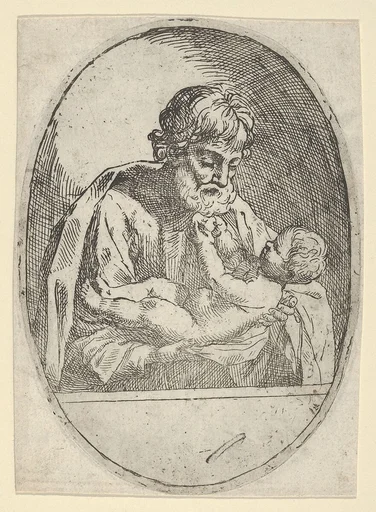 Saint Joseph holding the infant Christ, who raises up his hands, an oval composition, after Reni
