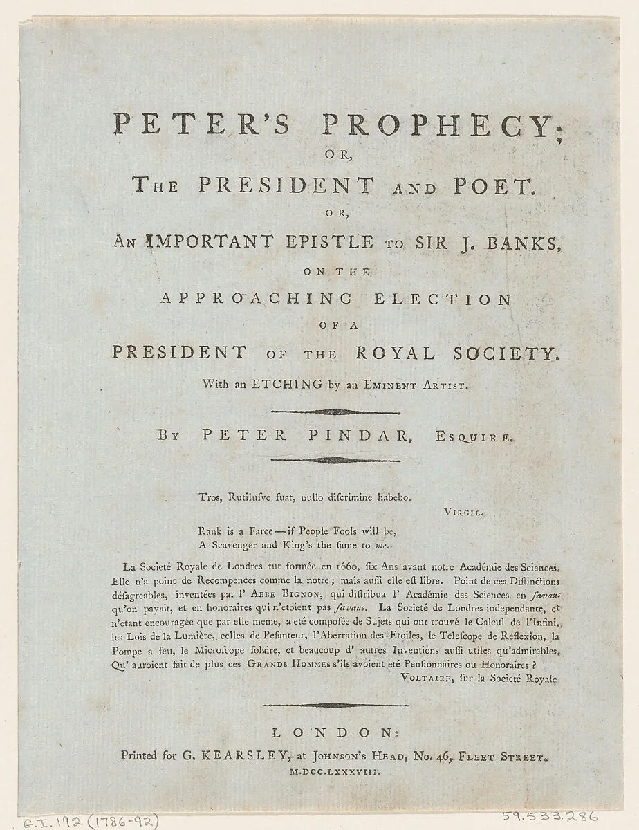 Frontispiece, from Peter's Prophecy, or The President and Poet, by Peter Pindar, Esq. — George Kearsley
