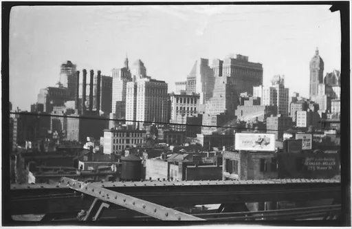 [Manhattan Skyline with Brooklyn Bridge Trussing, New York City]