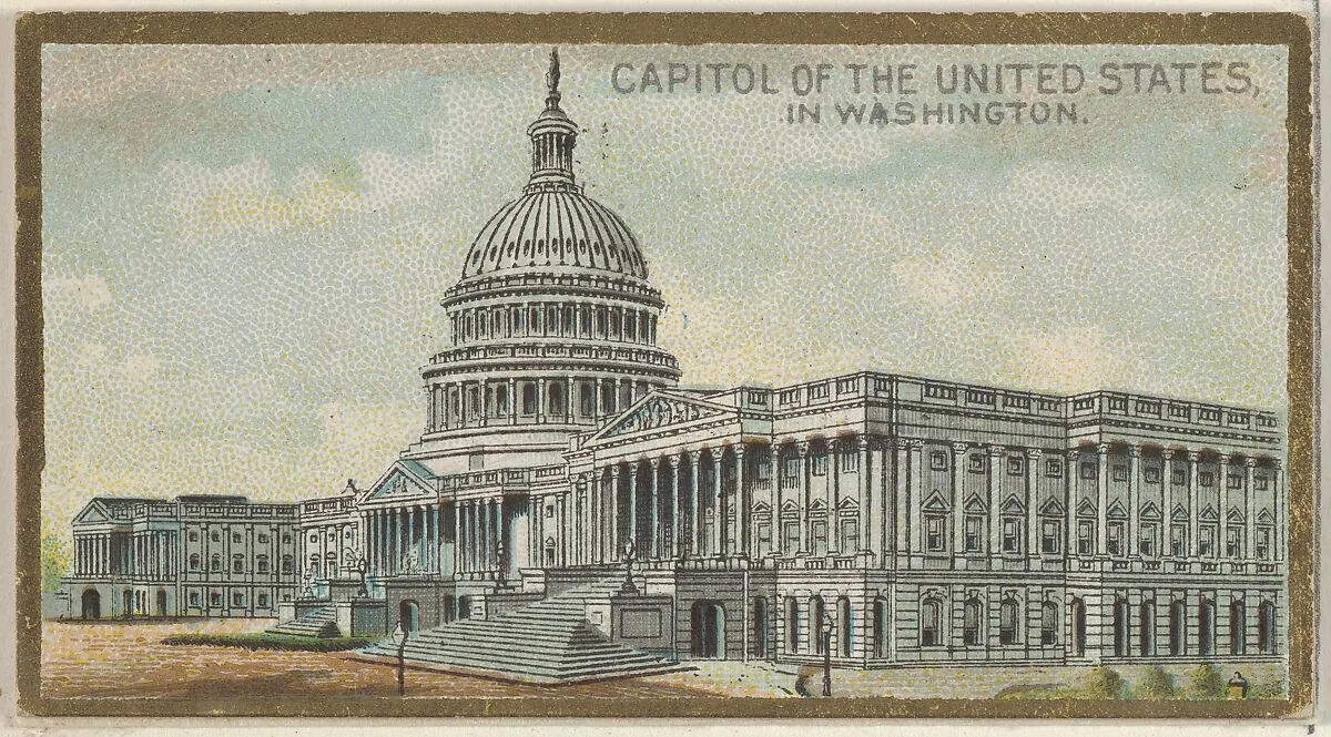 Capitol of the United States in Washington, from the General Government and State Capitol Buildings series (N14) for Allen & Ginter Cigarettes Brands — Allen & Ginter|The Gast Lithograph & Engraving Company