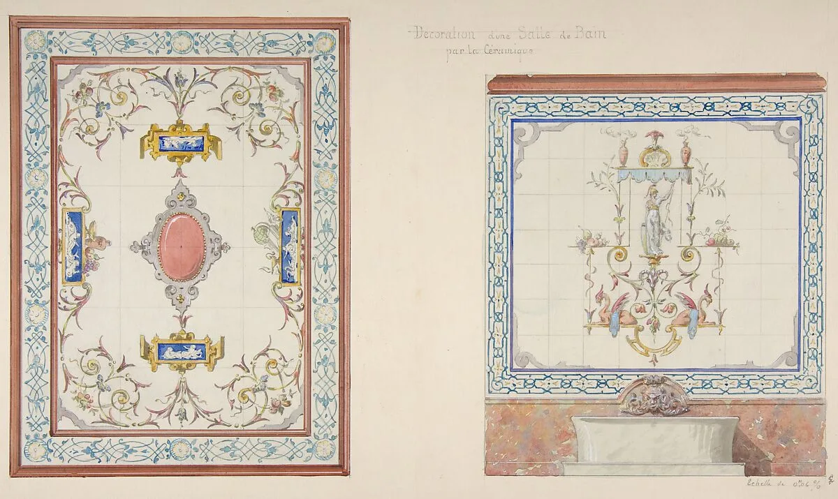 Design for ceramic tile decoration of a bathroom in "Pompeian" manner (possibly for Deepdene, Dorking, Surrey) — Jules-Edmond-Charles Lachaise|Eugène-Pierre Gourdet