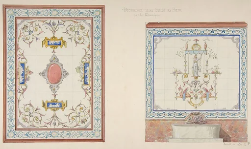 Design for ceramic tile decoration of a bathroom in "Pompeian" manner (possibly for Deepdene, Dorking, Surrey)