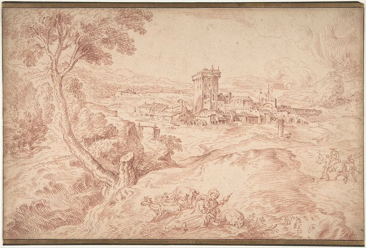 Landscape with an Old Woman Holding a Spindle, after Domenico Campagnola — Antoine Watteau|Domenico Campagnola
